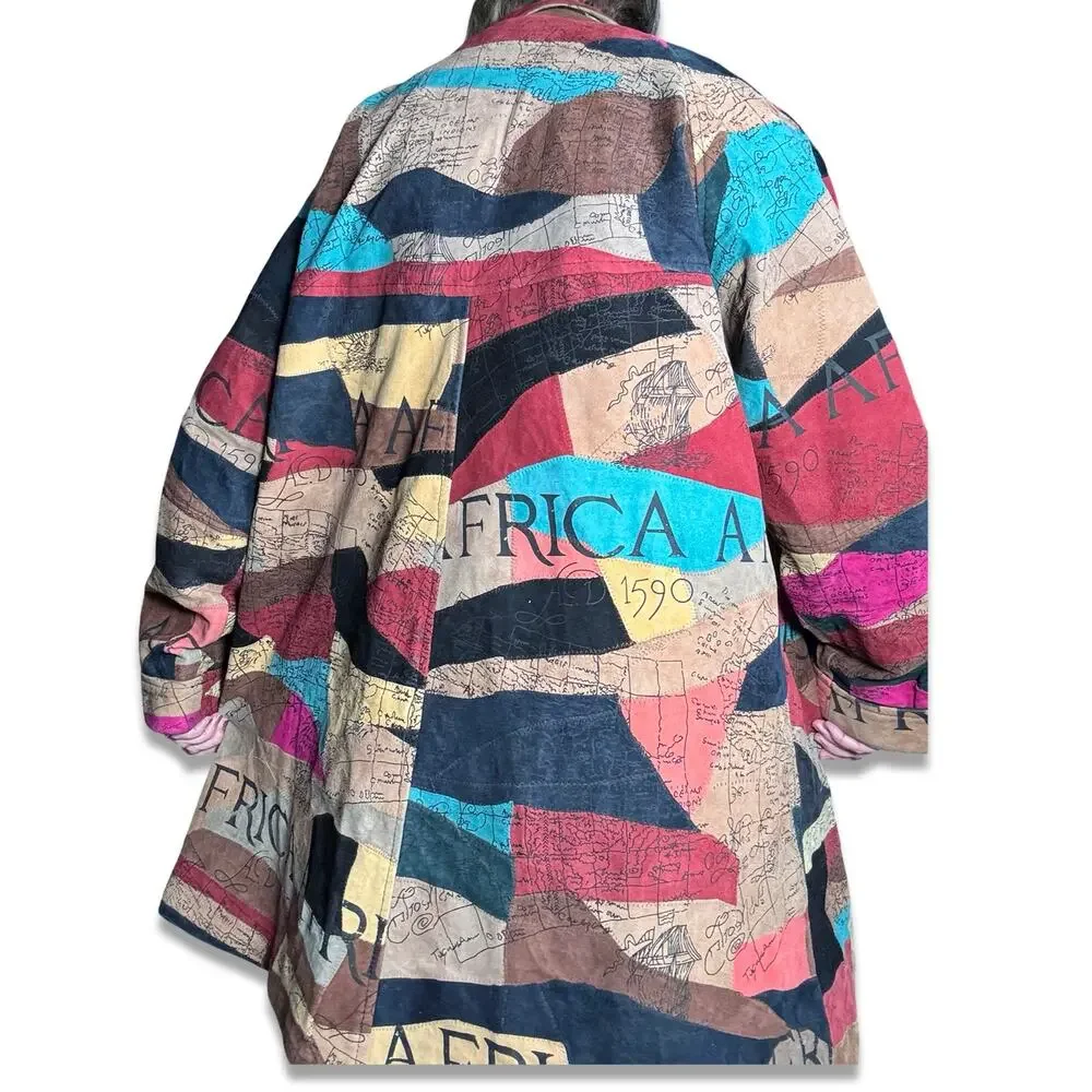 Vintage African Star Suede Leather Coat Map Print Oversized Long Jacket Boho - Picture 8 of 15